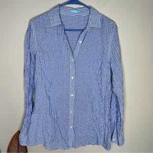 J McLaughlin Cotton Button Front Blouse Textured Searsucker Blue White